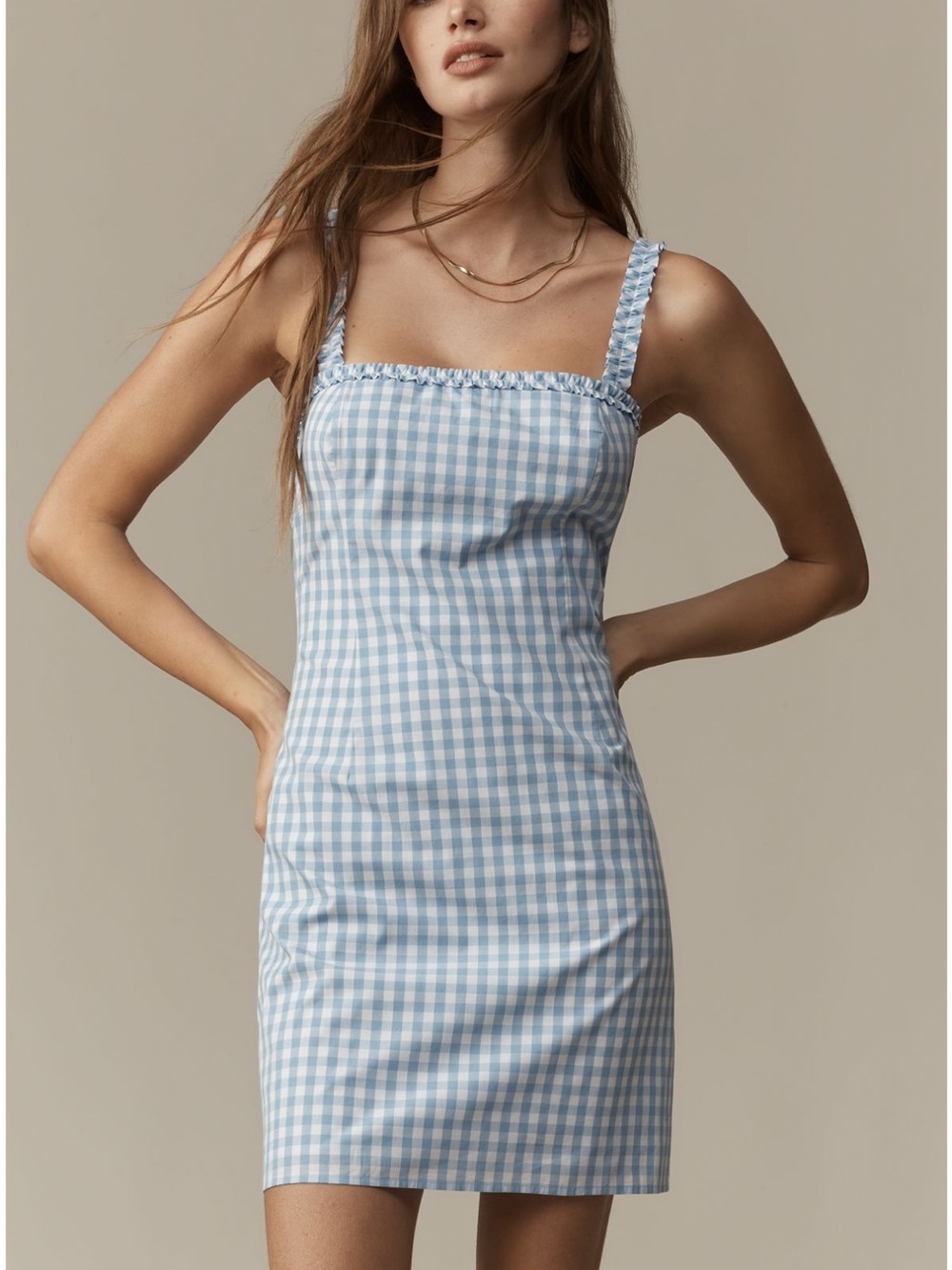 Gingham Square-Neck Mini Dress - Picture 1 of 2
